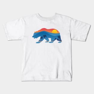 California bear with mountain shoreline summer scene overlay Kids T-Shirt